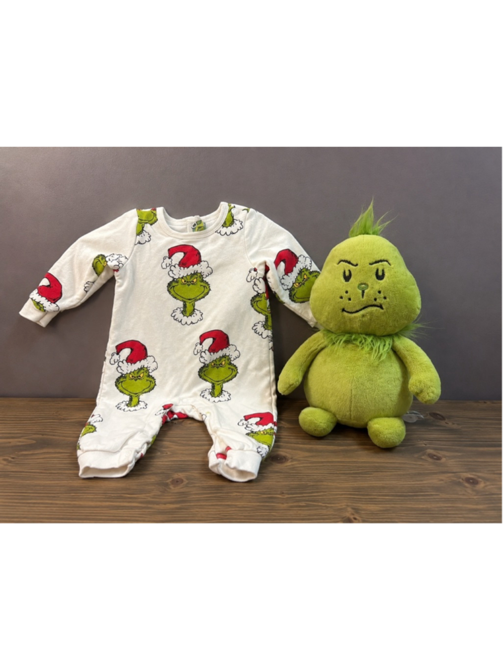 Grinch Baby Romper 6M & Plush Stuffed Toy Bundle Christmas Holiday Infant Set